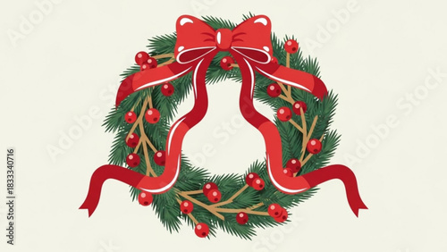 Elegant Christmas wreath with bright red bow and berries brings festive holiday cheer and warmth to your designs, perfect for seasonal greetings
