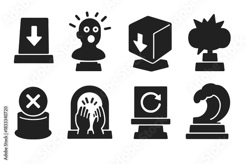 Public Reaction Sculptures. Solid style icons of public reaction sculptures: upvote slab, viral shock bust, downvote cube. Comment