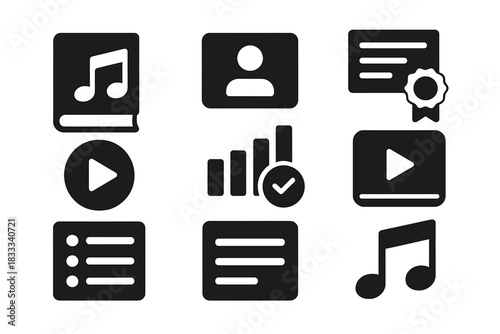 Lecture Playlist Icons. Solid style icons of lecture playlist curation: music note with book glyph, topic track icon, list badge.