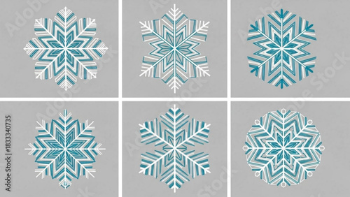 Elegant teal and white snowflake collection, perfect for winter holiday cards, festive decorations, and magical seasonal designs, originally scalable vector art