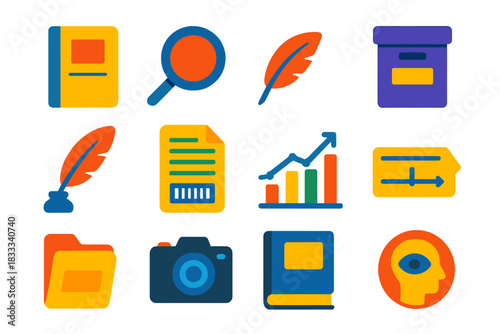 Cryptography Research Icons. Flat vector icons of archival and historical cryptography research: field notebook, magnifying glass,