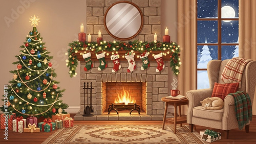 Cozy Christmas Eve scene with decorated tree, fireplace, stockings, and sleeping cat, perfect for creating holiday cheer and festive warmth in your designs