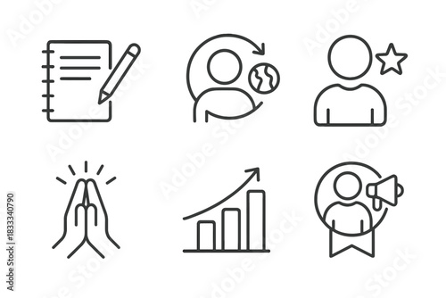 Voluntourism Growth Icons. Line style icons of personal growth through voluntourism: journal self-reflection, travel changed me