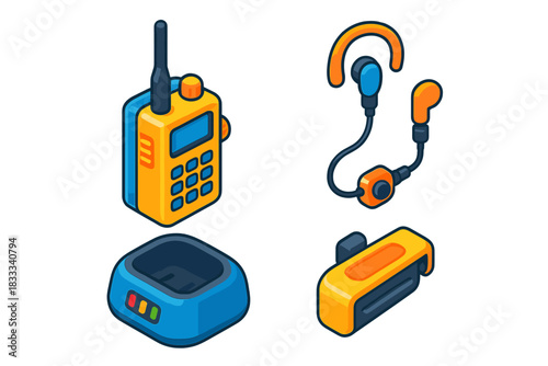Underwater Diving Gear Icons. Isometric vector illustration set Underwater diving gear – surface support radio, waterproof casing,