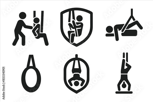Gravity Yoga Symbols. Solid style icons of beginners in gravity yoga: instructor support panel, assisted strap pose, first-time