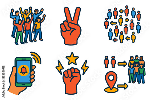 Flash Mob Dynamics. Isometric vector illustration set Social coordination in flash mobs: synchronized participants, hand gesture