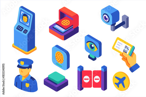 Biometric Security Icons. Isometric vector illustration set Biometric authentication – border control kiosk, passport scanner,