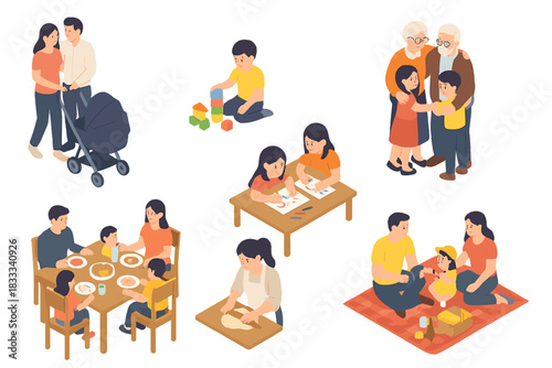 Isometric Family Moments. Isometric vector illustration set of Family: parents with baby stroller, child playing with toy blocks,