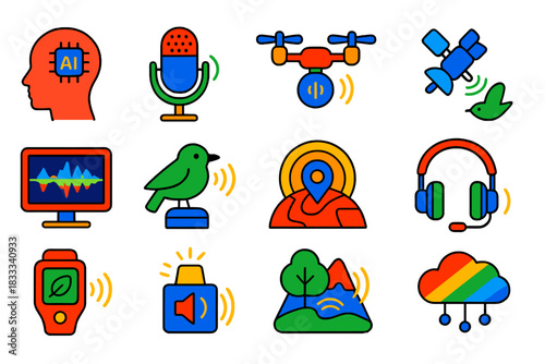 Future Bioacoustic Icons. Flat vector icons of Future Bioacoustics: AI sound recognition, smart mic, drone recorder, satellite