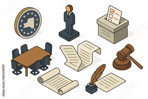 Electoral College Icons. Isometric vector illustration set Voting and elections – electoral college icons: state seal, delegate