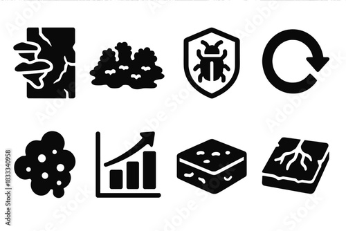 Biodiverse Icons Collection. Solid style icons of bio-reclaim in ruins: fungus wall glyph, moss floor icon, insect badge. Decay