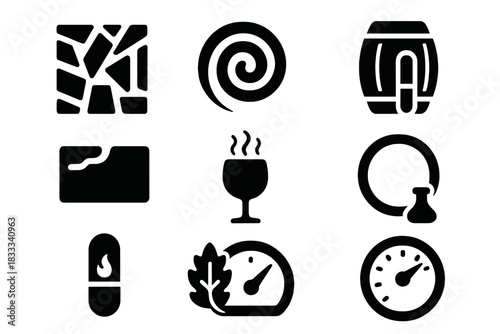 Synthetic Oak Icons. Solid style icons of synthetic oak and barrel notes: engineered wood chip, flavor-coded spiral, aroma capsule