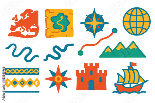 Vibrant Cartography Icons. Flat vector icons of Old World Cartography: continent outline, parchment map, compass rose, longitude
