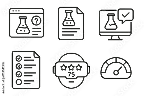 Virtual Lab Icons. Line style icons of virtual lab assessments: quiz after experiment, digital lab report, real-time feedback icon
