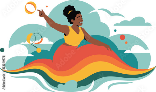 Joyful Black woman dancing on a rainbow wave surrounded by clouds vector illustration for cultural events and celebrations
