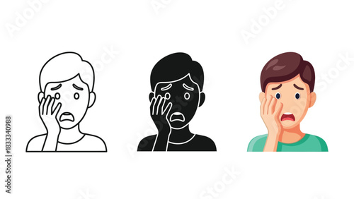 Set of three male character icons showing toothache pain, including outline, silhouette and color illustration