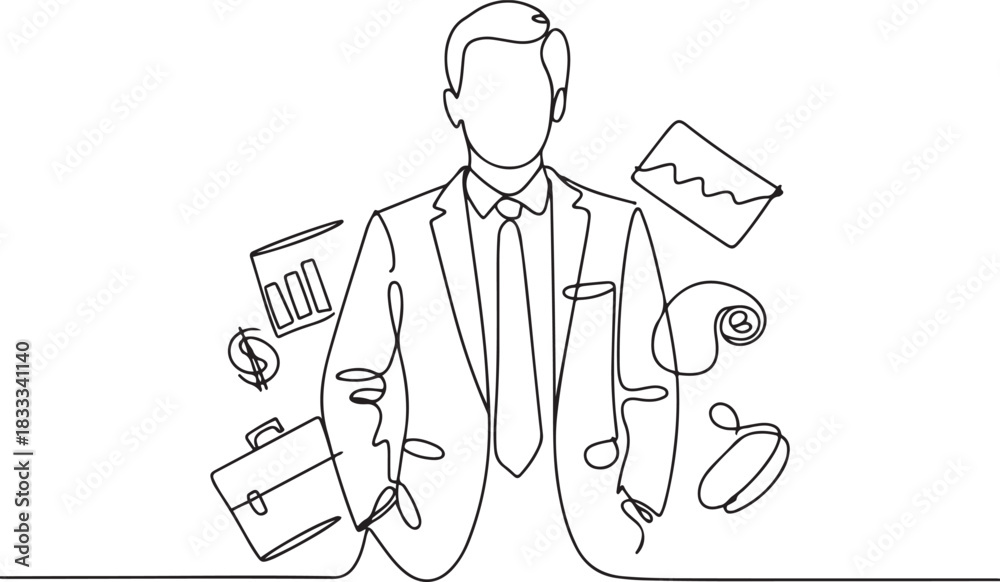 Fototapeta premium Continuous one line drawing of Businessman with floating business icon. Single line drawing illustration of Young businessman. Success business concept vector art. one line Icon drawing