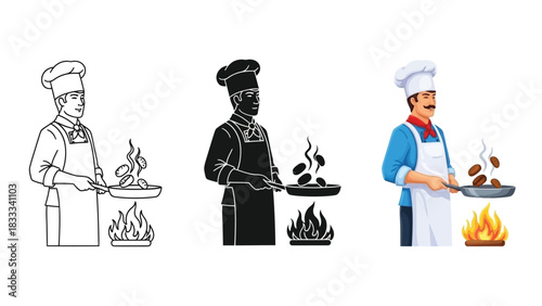 Collection of three chef illustrations in outline, silhouette, and full color cooking with a frying pan over fire