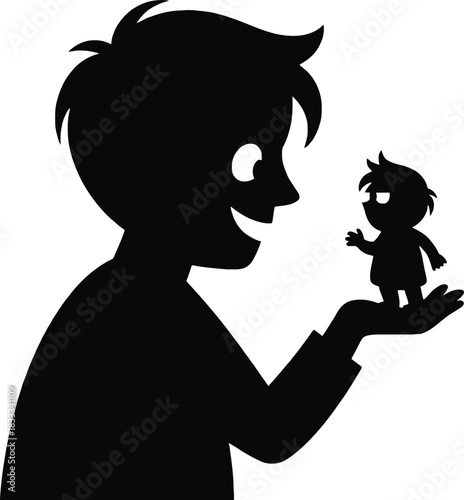 Silhouette of a large man holding a small person in his hand vector illustration concept for scale and perspective