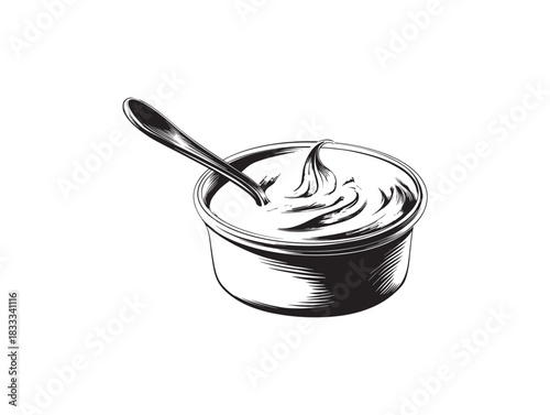 Minimalist 2D Vector Line Art of Yogurt with a Spoon in Simple Clean Design
