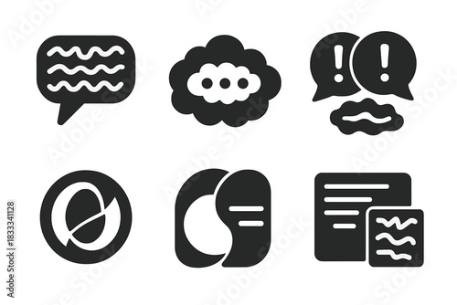 Semantic Noise Icons. Solid style icons of semantic noise infusion: language static glyph, phrase fog icon, meaning clash badge.