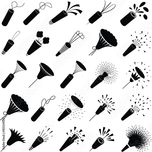 Collection of hand drawn party poppers and confetti explosions