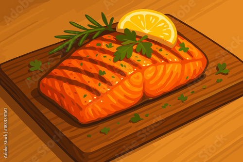 Grilled Salmon Delight. Freshly grilled salmon fillet resting on a wooden plank, garnished with lemon and herbs, vibrant colors