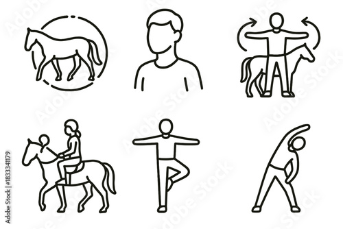 Warm-Up Routine Icons. Line style icons of warm-up routines: horse walking circle, neck stretches icon, arm swings before ride,