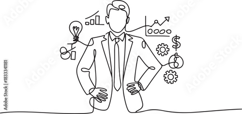 Continuous one line drawing of Businessman with floating business icon. Single line drawing illustration of Young businessman. Success business concept vector art. one line Icon drawing