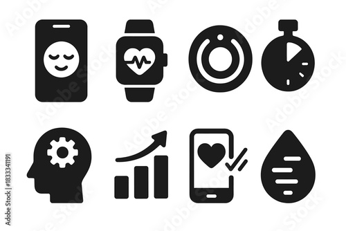 Mindful Tech Icons. Solid style icons of mindfulness and tech synergy: phone with calm app icon, wearable with pulse glyph,