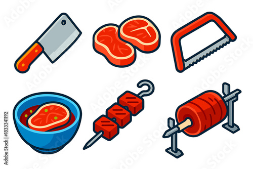 Meat Preparation Tools. Isometric vector illustration set Meat Preparation: butcher’s cleaver, steak cuts, bone saw, marinating