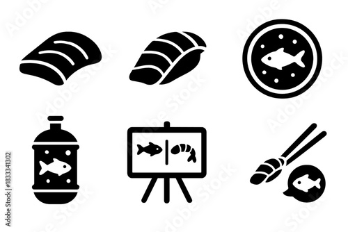 Cultured Seafood Icons. Solid style icons of cultured seafood tasting: lab-grown salmon, tuna sashimi slice, artificial shrimp.