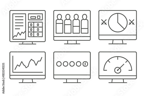 Esports Analytics Icons. Line style icons of esports analytics dashboards: real-time stat board, hero usage frequency, matchup win