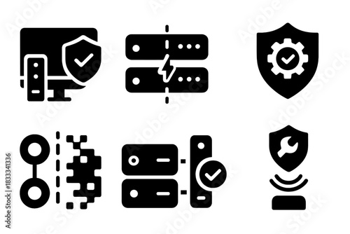 Cyber Resilience Icons. Solid style icons of cyber-physical resilience: hardware + software shield, embedded device redundancy,