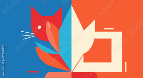 Abstract Cat and Dog Illustration with Geometric Shapes and Contrasting Colors.
