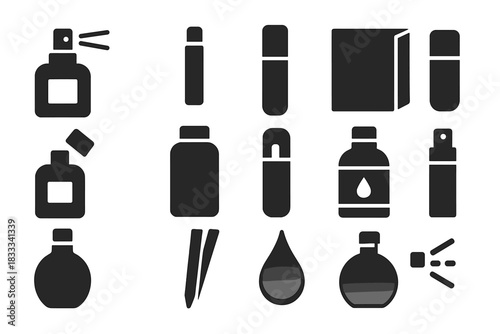 Modern Perfumery Icons. Solid style icons of Modern perfumery: sleek spray bottle, sample vial, rollerball tube, minimal label,
