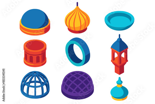 Colorful Dome Designs. Isometric vector illustration set Domes – hemispherical dome, onion dome, saucer dome; drum cylinder,