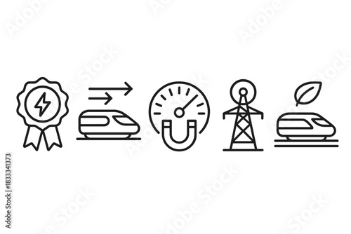 Energy Efficient Maglev Icons. Line style icons of energy efficiency in maglev: low energy use badge, electricity to speed flow,