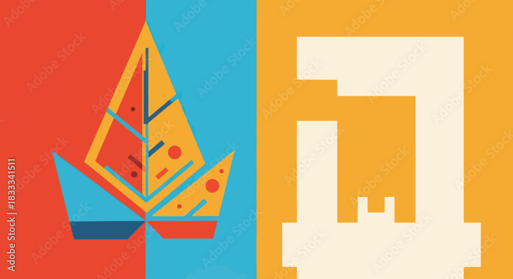 Naklejka premium Abstract Geometric Art - Pizza Slice and Coffee Maker.