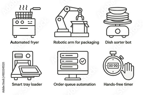 Automation in Ghost Kitchens. Line style icons of automation in ghost kitchens: automated fryer, robotic arm for packaging, dish