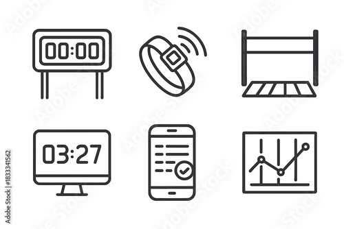 OCR Timing Icons. Line style icons of OCR timing and tracking: digital race clock, RFID chip band, start line mat sensor, finish