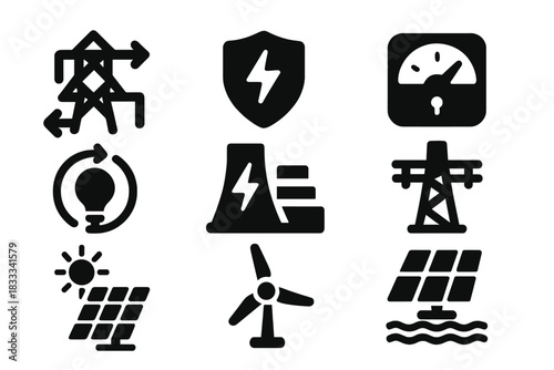 Energy Grid Icons. Solid style icons of energy grid simulations: power flow icon, outage risk badge, load balance panel. Smart