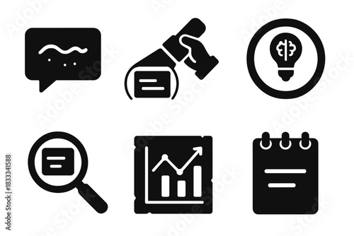 Lost Messages Decoding Icons. Solid style icons of lost messages decoding: faint script glyph, UV light scan icon, meaning