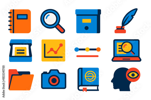 Cryptography Research Icons. Flat vector icons of archival and historical cryptography research: field notebook, magnifying glass,