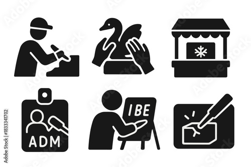 Interactive Ice Experience Icons. Solid style icons of interactive ice experiences: visitor with chisel, hands-on sculpture icon,