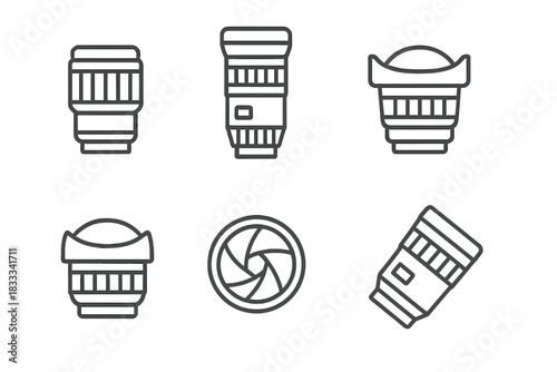 Camera Lens Line Icons. Line style icons of camera lens types: prime lens, telephoto lens, wide-angle lens, fisheye curve, macro