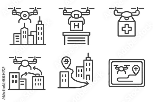 Urban Drone Logistics. Line style icons of drone usage in urban medical logistics: city skyline with drone, rooftop drone pad,