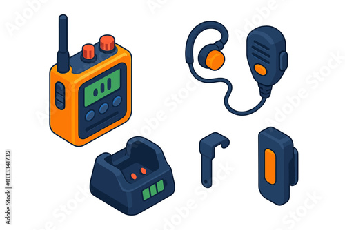 Underwater Diving Gear Icons. Isometric vector illustration set Underwater diving gear – surface support radio, waterproof casing,