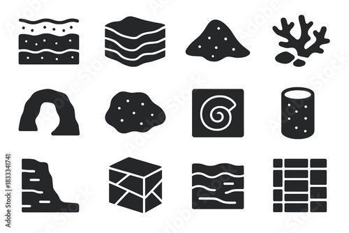 Geological Evidence Icons. Solid style icons of geological evidence of storms: sediment layers, rock strata, sand deposits, coral