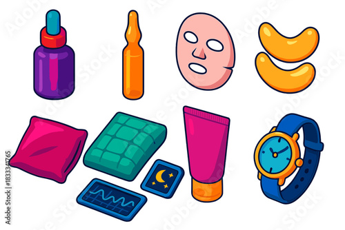 Vibrant Skincare Essentials. Isometric vector illustration set Skincare routine – retinol serum bottle, peptide ampoule, collagen